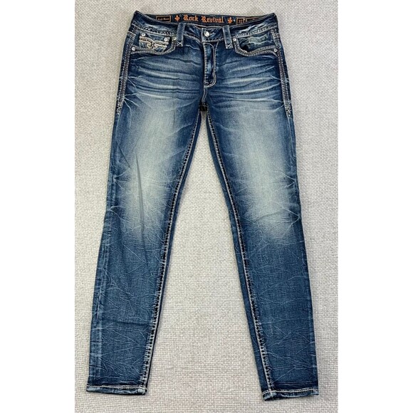 Rock Revival Jeans Women's 31 Ash Rose Skinny Stretch Distressed Embellished - Picture 1 of 13